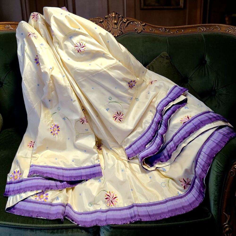 Vintage Silk Embroidered Round Tablecloth 96 Ivory Floral Purple Grosgrain Trim